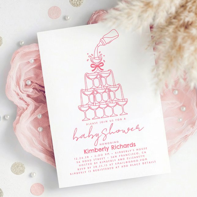 Convites Baby Milk Bottle Champagne Tower Funny Baby Shower (Funny Hand Drawn Whimsical Pink Baby Shower Invitation Champagne Milk Tower)