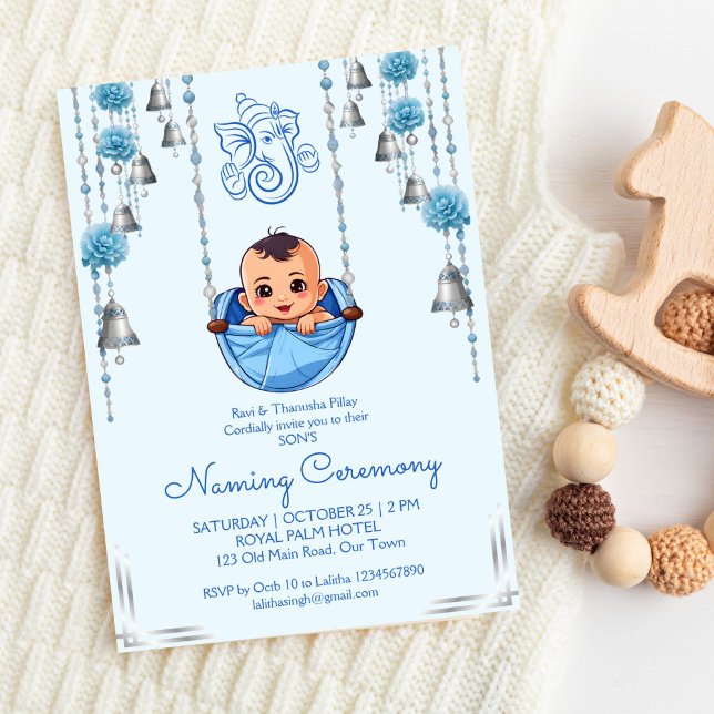 Convites Baby Naming Cradle Indian Ceremony Blue modelo (Baby Naming Cradle Indian Namkarana Ceremony blue for a boy template invitation digital download)