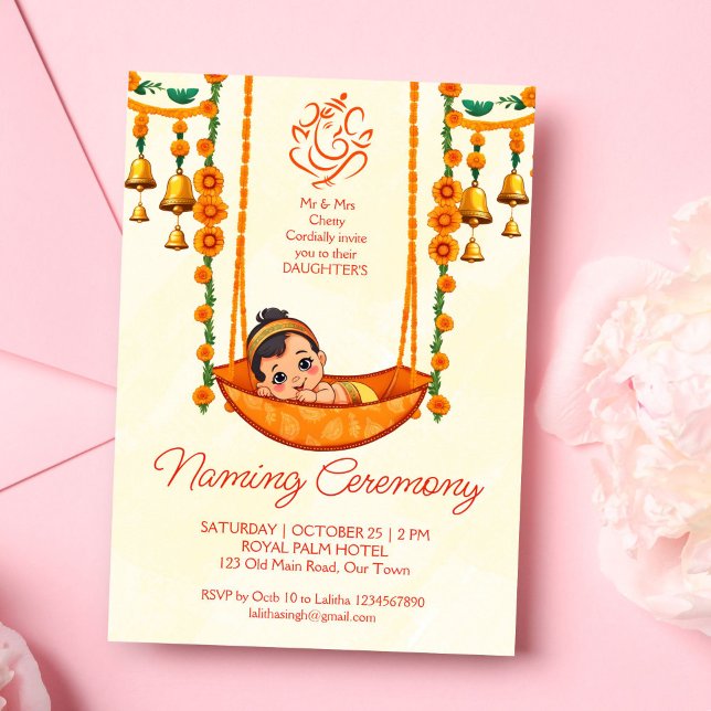 Convites Baby Naming Cradle Indian Ceremony modelo (Baby Naming Cradle Hindu Ceremony editable template invitation digital download Namkarana invitation)