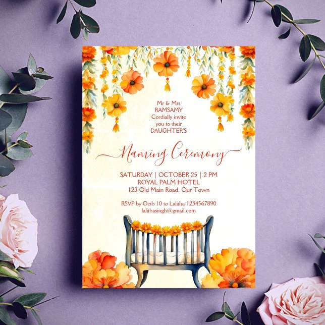 Convites Baby Naming Cradle Indian Ceremony modelo (Baby Naming Cradle Indian Ceremony template invitation digital download orange yellow marigolds)