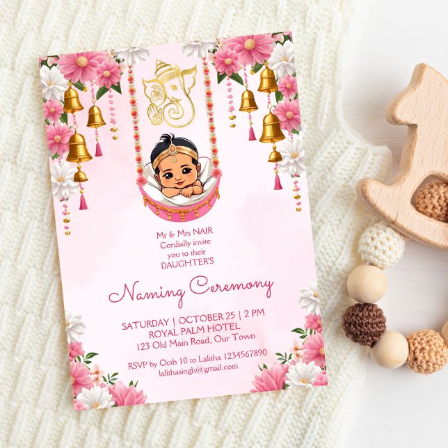 Convites Baby Naming Cradle Indian Ceremony rosa modelo (Baby Naming Cradle Indian Ceremony girls pink invitation  template digital download Namkarana cute)