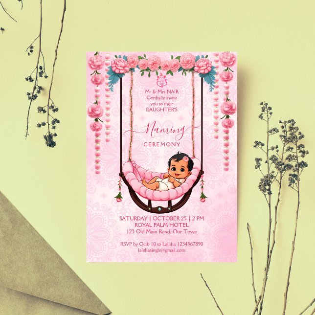 Convites Baby Naming Cradle Indian Ceremony rosa modelo (Baby Naming Cradle Indian Ceremony pink cute girl editable template invitation digital download)