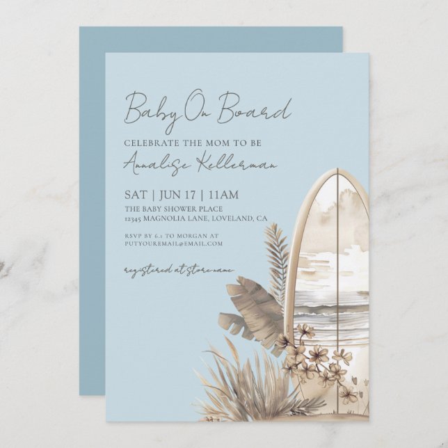 Convites Baby On Board Blue Boho Beach Baby Shower (Frente/Verso)
