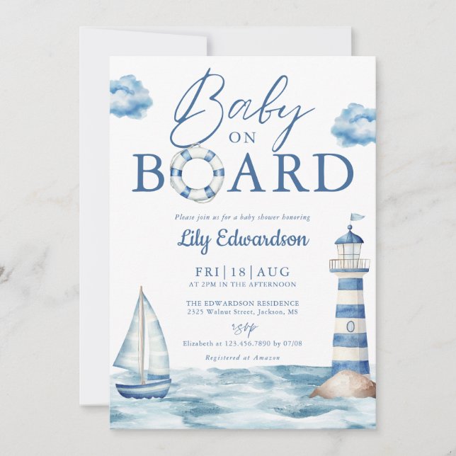 Convites Baby On Board Blue Nautical Baby Shower (Frente)