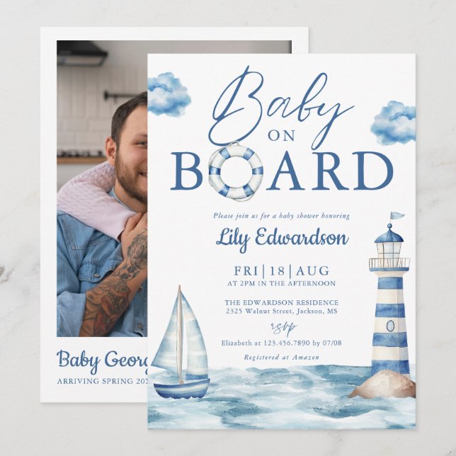 Convites Baby On Board Nautical Shower Photo QR Code (Frente/Verso)