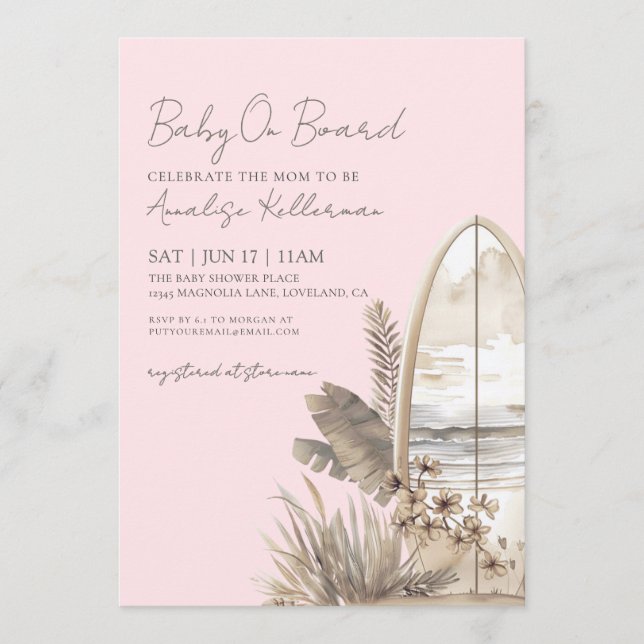 Convites Baby On Board Pink Boho Beach Baby Shower (Frente)