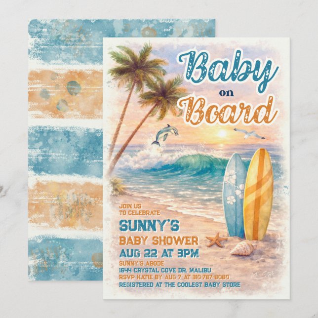Convites Baby on Board Retro Surf Beach Baby Shower (Frente/Verso)
