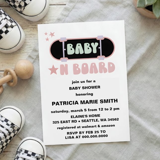 Convites Baby on Board Skateboard Baby Shower party Invitat (Criador carregado)