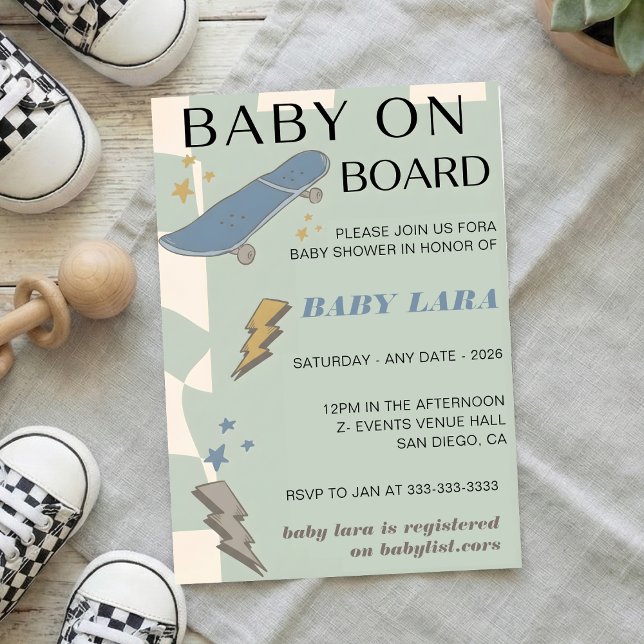 Convites Baby on Board Skateboard Baby Shower party Invitat (Criador carregado)