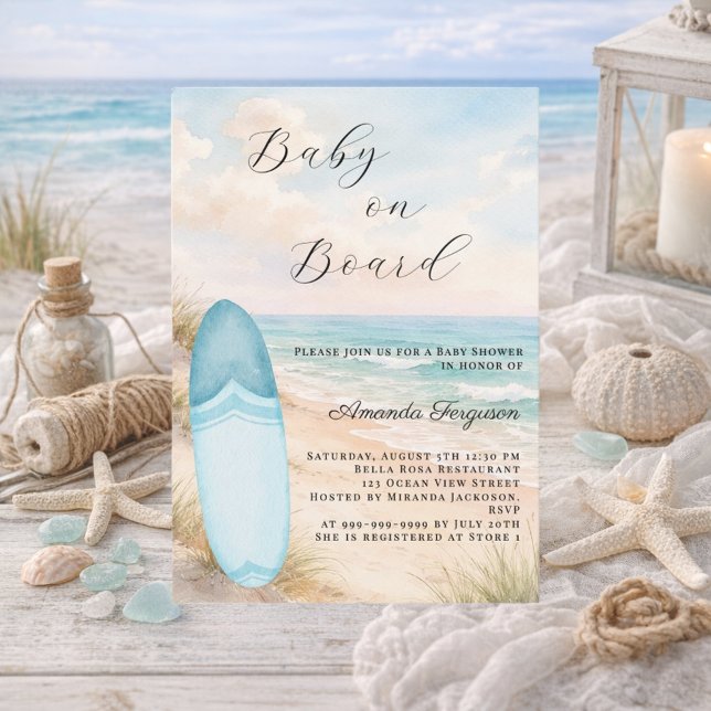 Convites Baby on Board surfboard blue boy beach Baby Shower (Criador carregado)