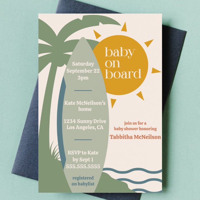 Convites "Baby on Conselho" - Chá de fraldas para surfar na ("baby on board" surfing ocean gender neutral baby shower nautical surfboard tropical invitation)