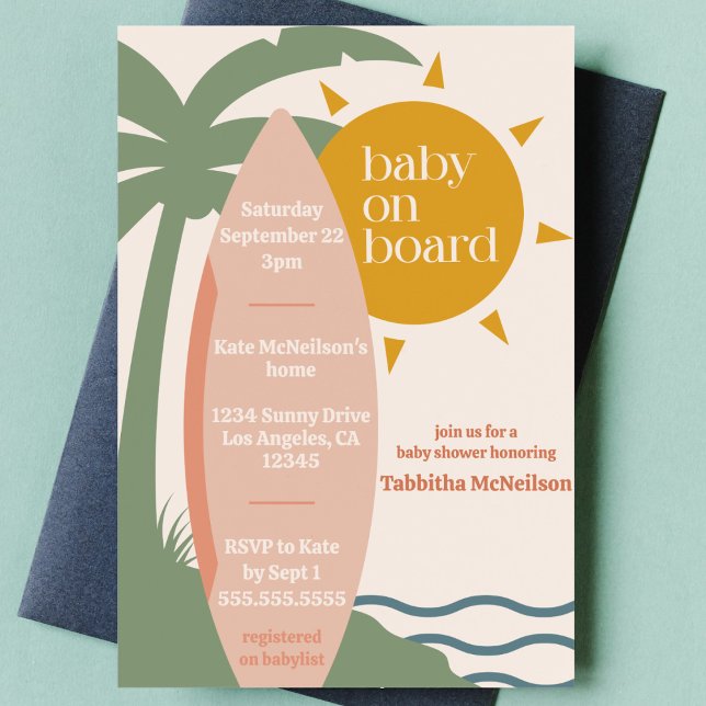 Convites "Baby on Conselho" - Chá de fraldas para surfar na ("baby on board" cute surfing ocean theme baby girl shower nautical sea surfboard tropical invitation)