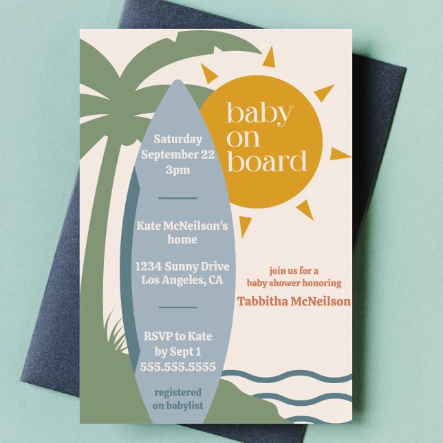 Convites "Baby on Conselho" - Chá de fraldas para surfar na ("baby on board" cute surfing ocean theme baby boy shower nautical sea surfboard tropical invitation)