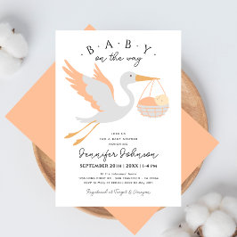 Convites Baby on The Way Cute Stork Pink Girl Baby Shower