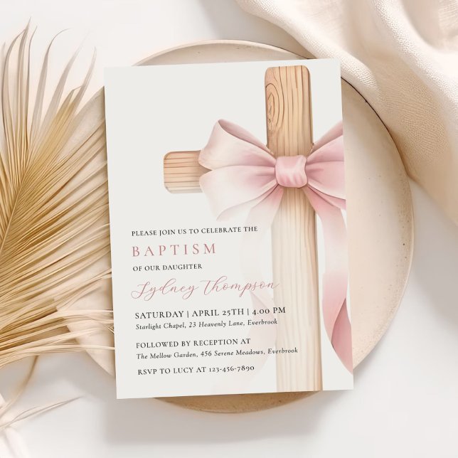 Convites Baby Pink Bow Cross Girl Baptism (Criador carregado)