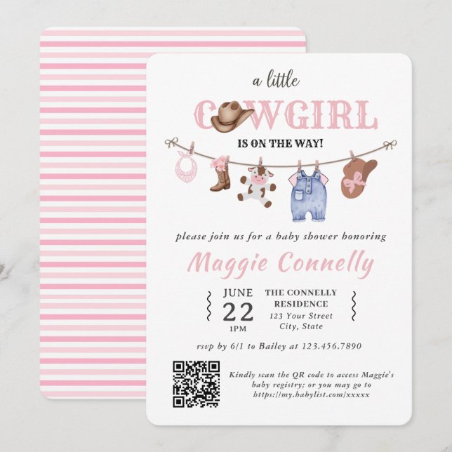 Convites Baby Pink Little Cowgirl is on the Way Invitation (Frente/Verso)