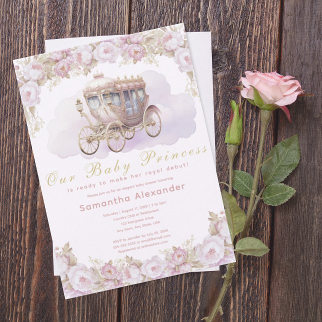 Convites Baby Princess Pink Chá de fraldas (Baby princess pink floral and princess carriage baby shower invitation.  Baby girl. Royal debut.)