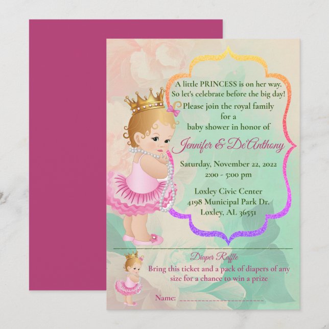 Convites Baby Princess Watercolor Chá de fraldas (Frente/Verso)
