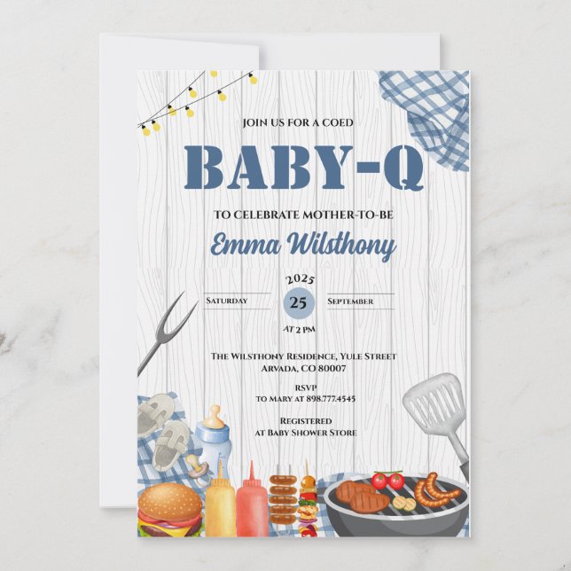 Convites Baby-Q Baby Shower Boy Rustic BBQ Backyard Plaid  (Frente)