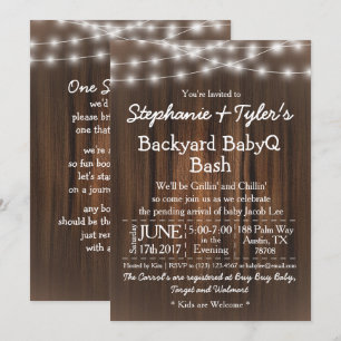 Convites Baby Q Backyard Bash Lights Wood Rustic Chá de fr