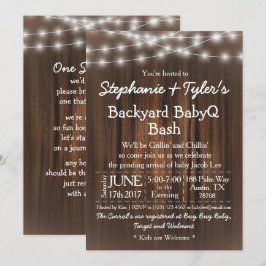Convites Baby Q Backyard Bash Lights Wood Rustic Chá de fra