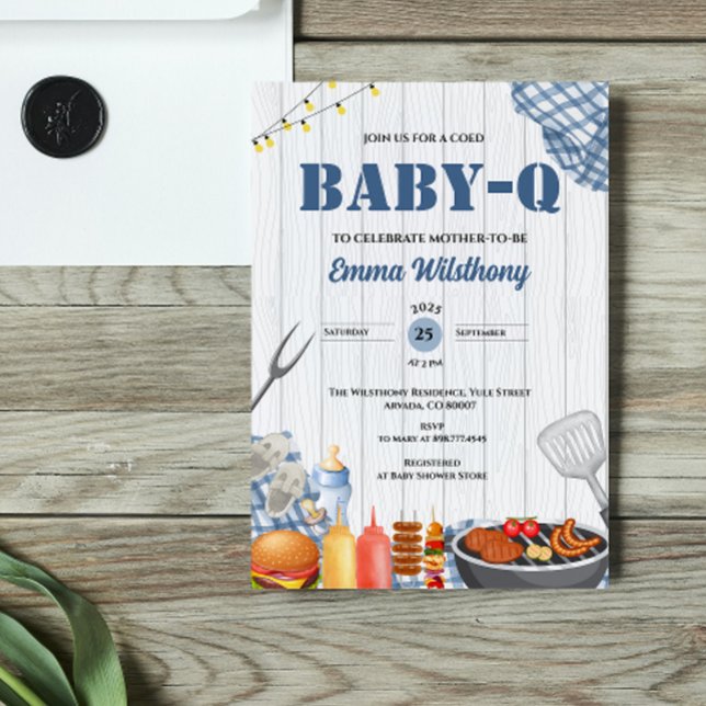 Convites Baby-Q Churrasco de Bebê Menino Plaid Rustico ao A (Baby-Q bbq rustic barbecue picnic spring summer garden party barbeque baby shower invitation boy )
