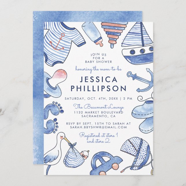 Convites Baby Sailor | Chá de fraldas Náutico Azul (Frente/Verso)