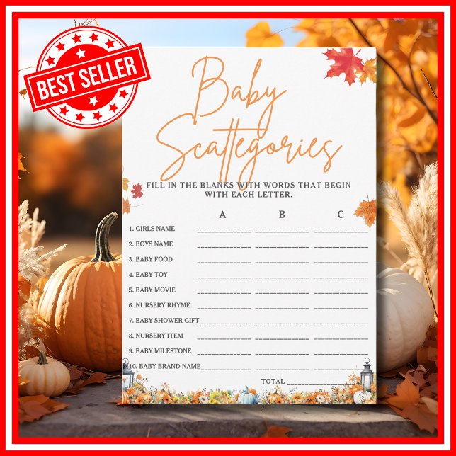 Convites BABY SCATTERGORIES - Jogo do Chá de fraldas (BABY SCATTERGORIES Easy Baby Shower Game A Little Pumpkin is on the Way Fall Autumn Theme)