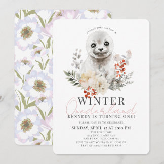 Convites Baby Seal Winter Onederland Girl primeiro aniversa