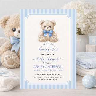 Convites Baby Shower Bearly Wait Teddy Bear & Blue Stripes
