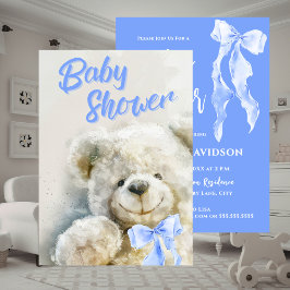 Convites Baby Shower Cute Bear Blue Ribbon 