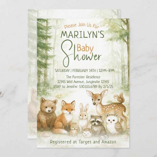 Convites Baby Shower Cute Woodland Baby Animals (Frente/Verso)