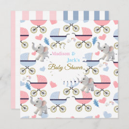 Convites Baby Shower Elephant Baby StrollerCard Invitation 