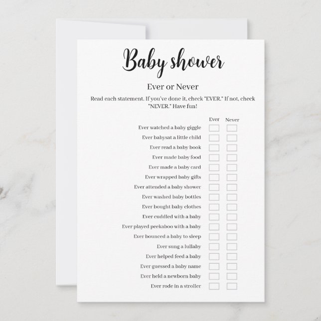 Convites Baby Shower Ever or Never Game, Printable (Frente)