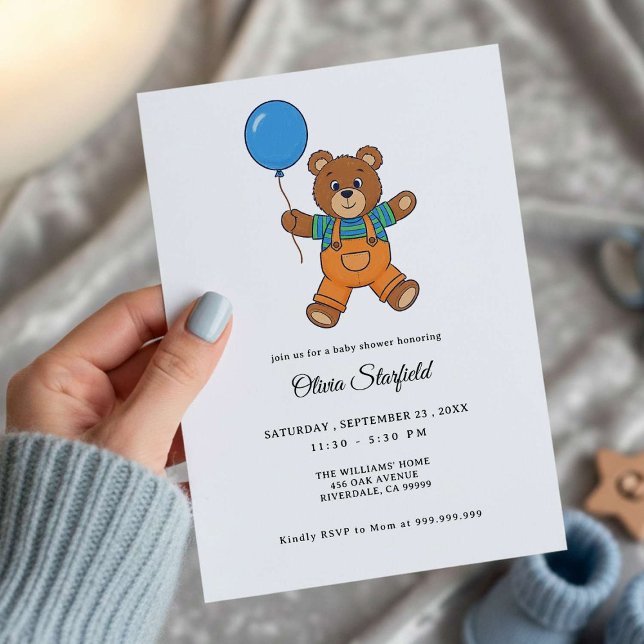 Convites Baby Shower for Boy Blue Balloon Teddy Bear   (Criador carregado)
