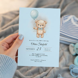 Convites Baby Shower for Boy Blue Balloon, Teddy Bear & Bow