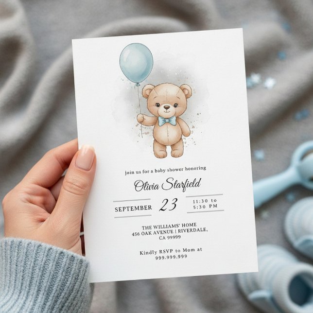 Convites Baby Shower for Boy Blue Balloon, Teddy Bear & Bow (Criador carregado)