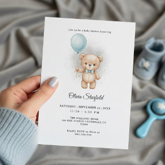 Convites Baby Shower for Boy Blue Balloon, Teddy Bear & Bow