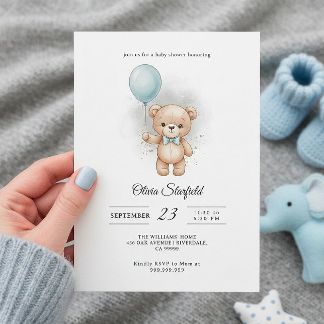 Convites Baby Shower for Boy Blue Balloon, Teddy Bear & Bow (Criador carregado)