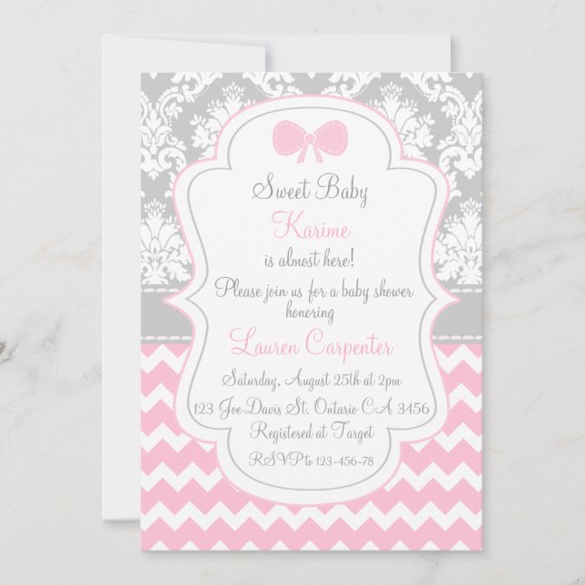 Convites Baby shower girl invitation pink chevron and grey (Frente)