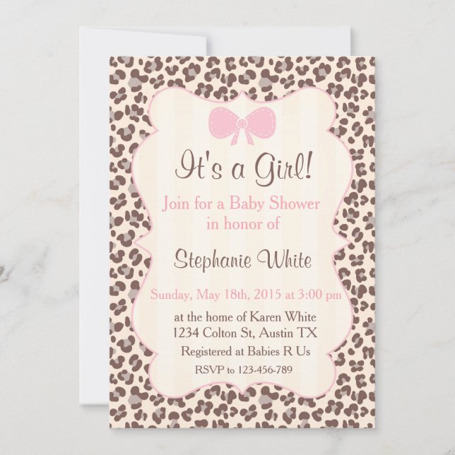 Convites Baby Shower girl pink leopard (Frente)