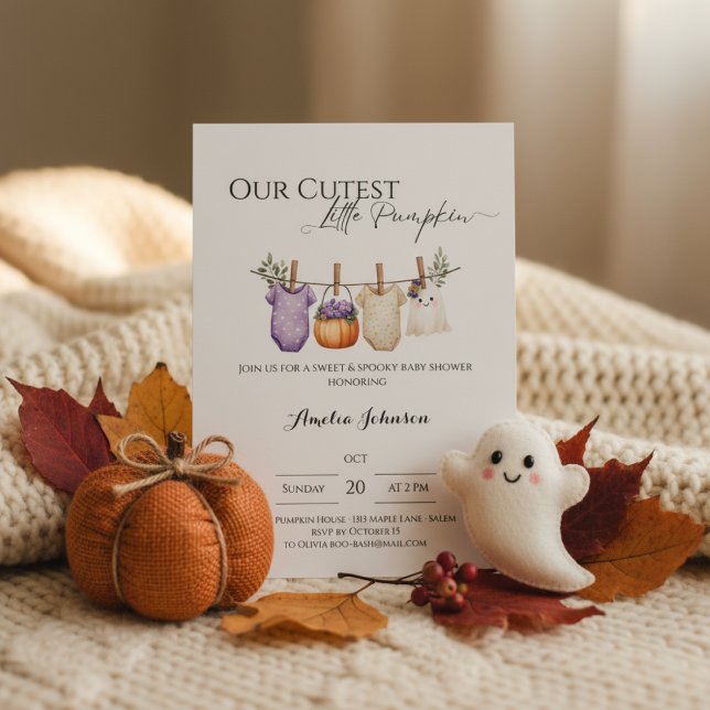 Convites Baby Shower Invitation • Cutest Little Pumpkin (Baby shower invite with pumpkin and ghost on beige knit blanket with cozy fall accents.)