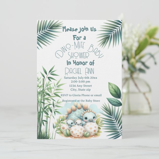 Convites Baby Shower Invitation Dinosaur Dino Mite Party (Em pé/Frente)