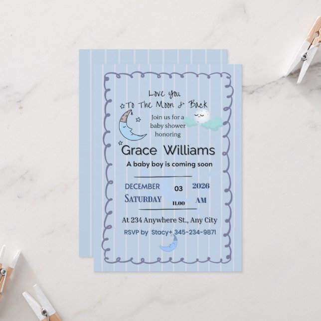 Convites Baby Shower Invitation | Elegant Blue Gradient Cus (Frente/Verso In Situ)