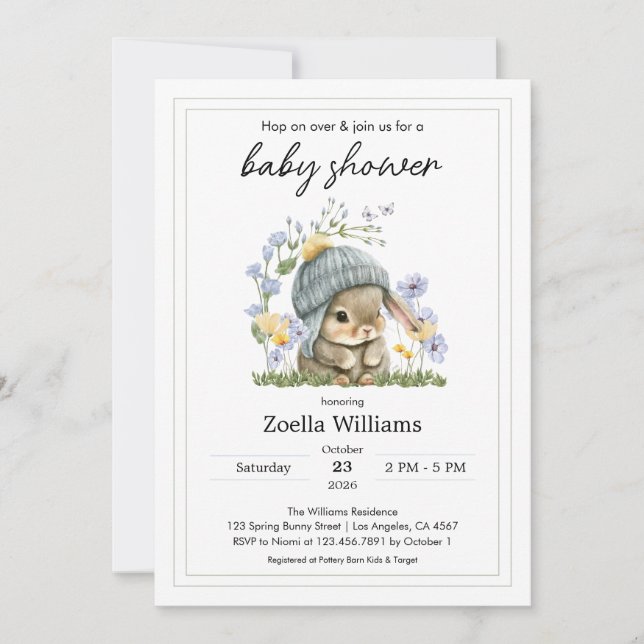 Convites Baby Shower Invitation Simple Flowers Bunny (Frente)