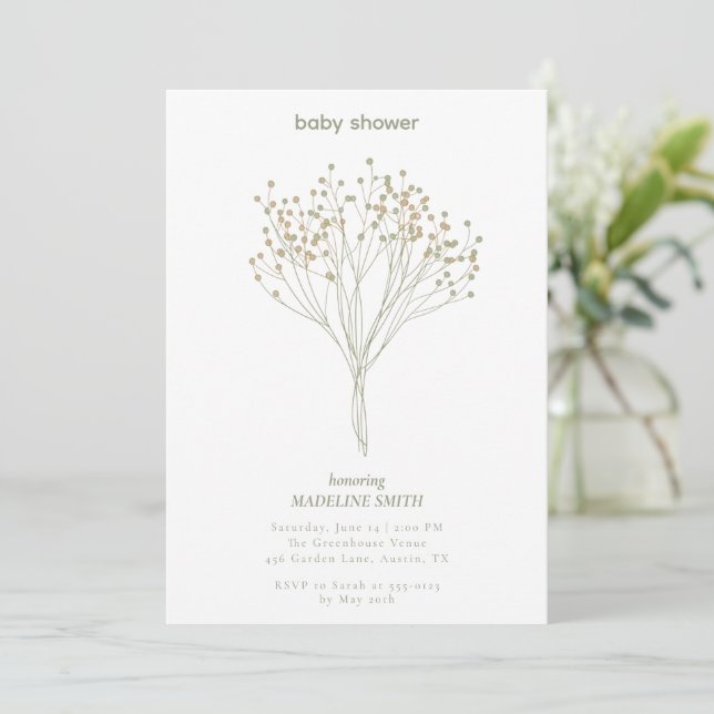 Convites Baby Shower Invitation with Delicate Floral Art (Em pé/Frente)
