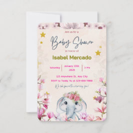 Convites Baby Shower Invitation with Floral Elephant.