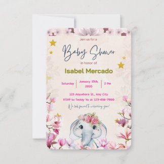 Convites Baby Shower Invitation with Floral Elephant.
