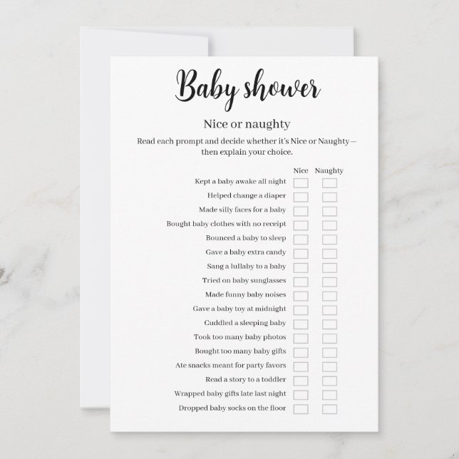 Convites Baby Shower Nice or Naughty Game, Funny Game, (Frente)