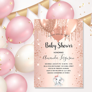 Convites Baby Shower rose gold glitter elephant balloons